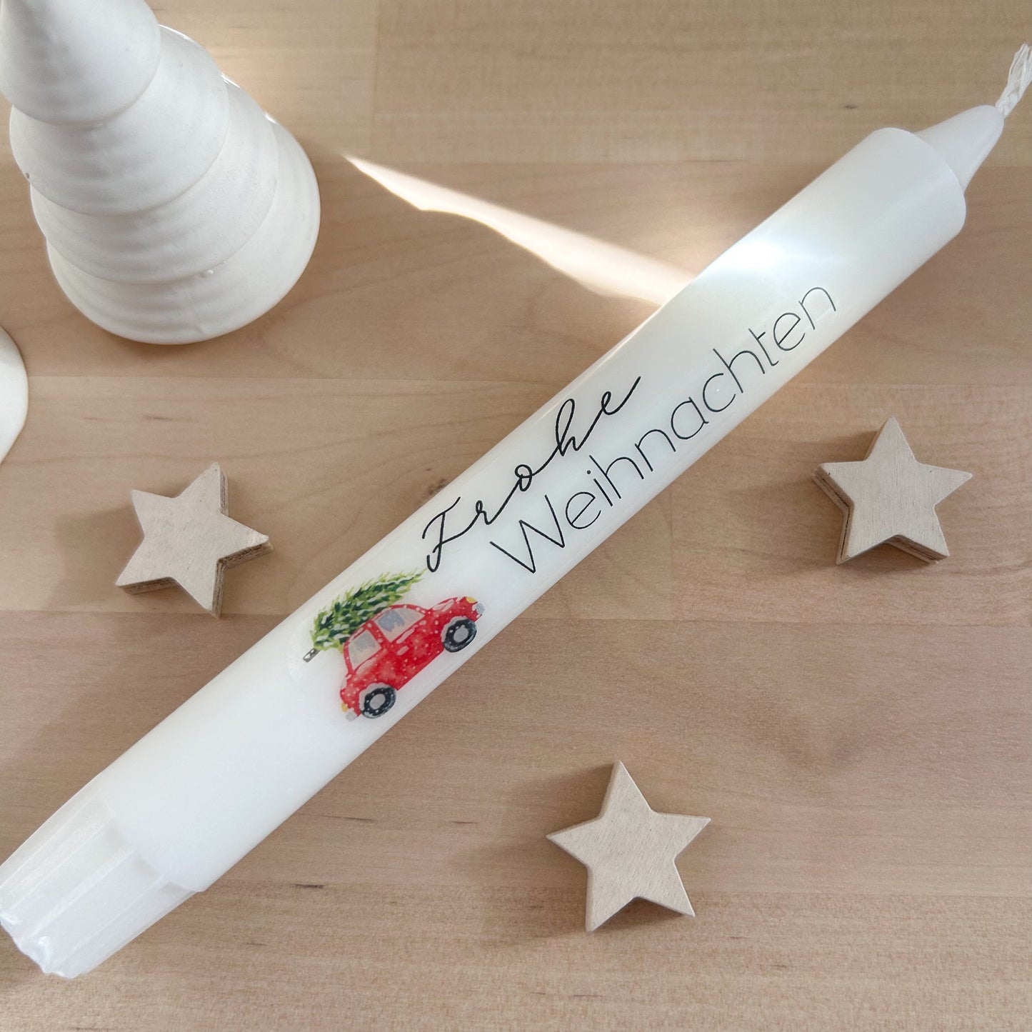 Kerze „frohe Weihnachten“ (rotes Auto)